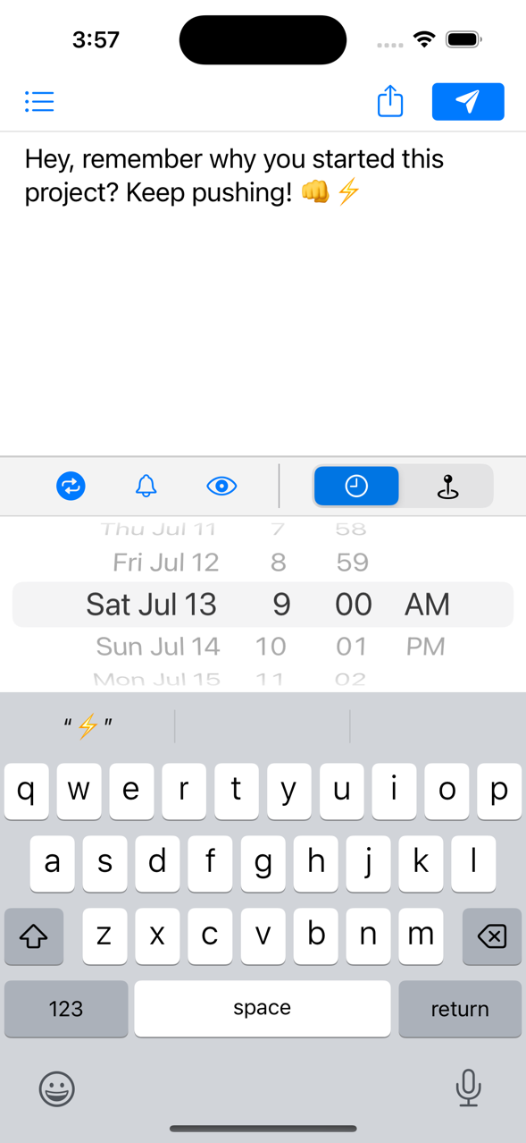 Simple interface to type a message and select a time or location to send to the future