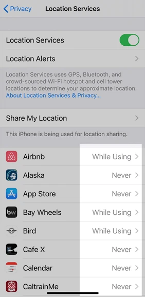 Adjust Location Settings to Never or While Using to prevent apps 